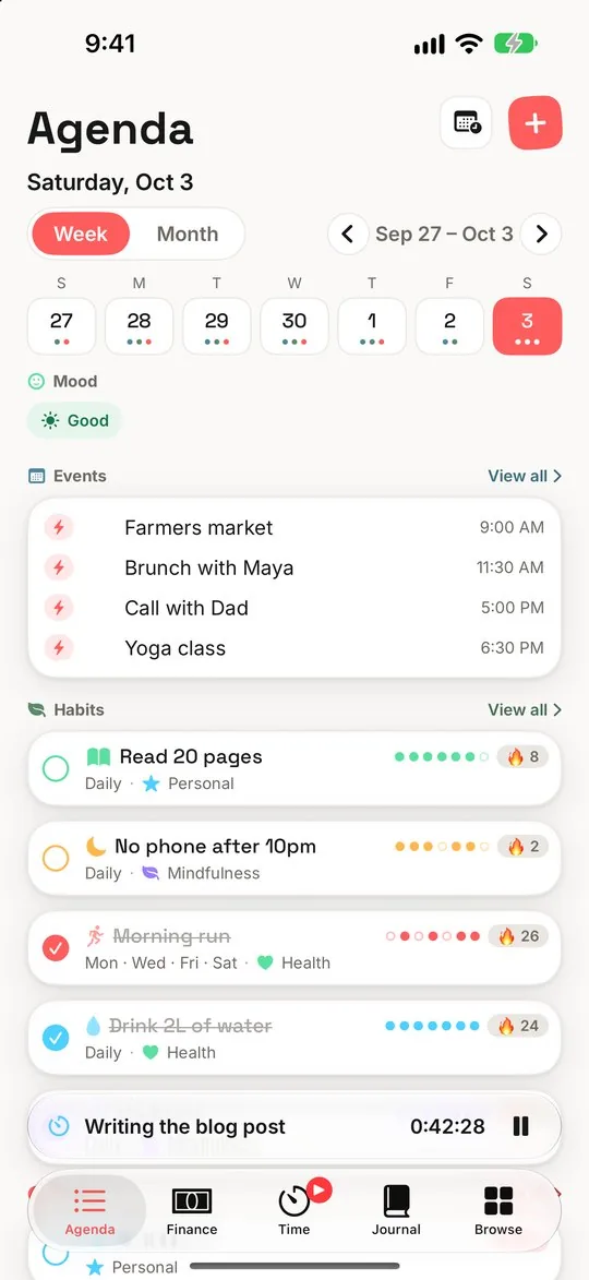 Agenda: one day's events and habits, with streaks