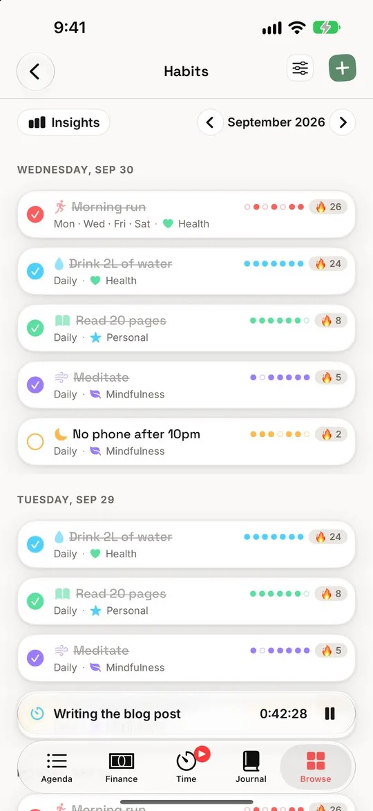 Habits: each habit's week and streak, day by day