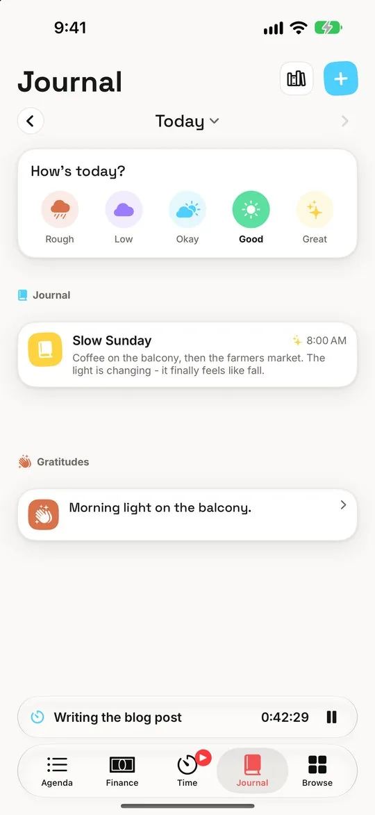 Journal: today's mood, an entry and a gratitude