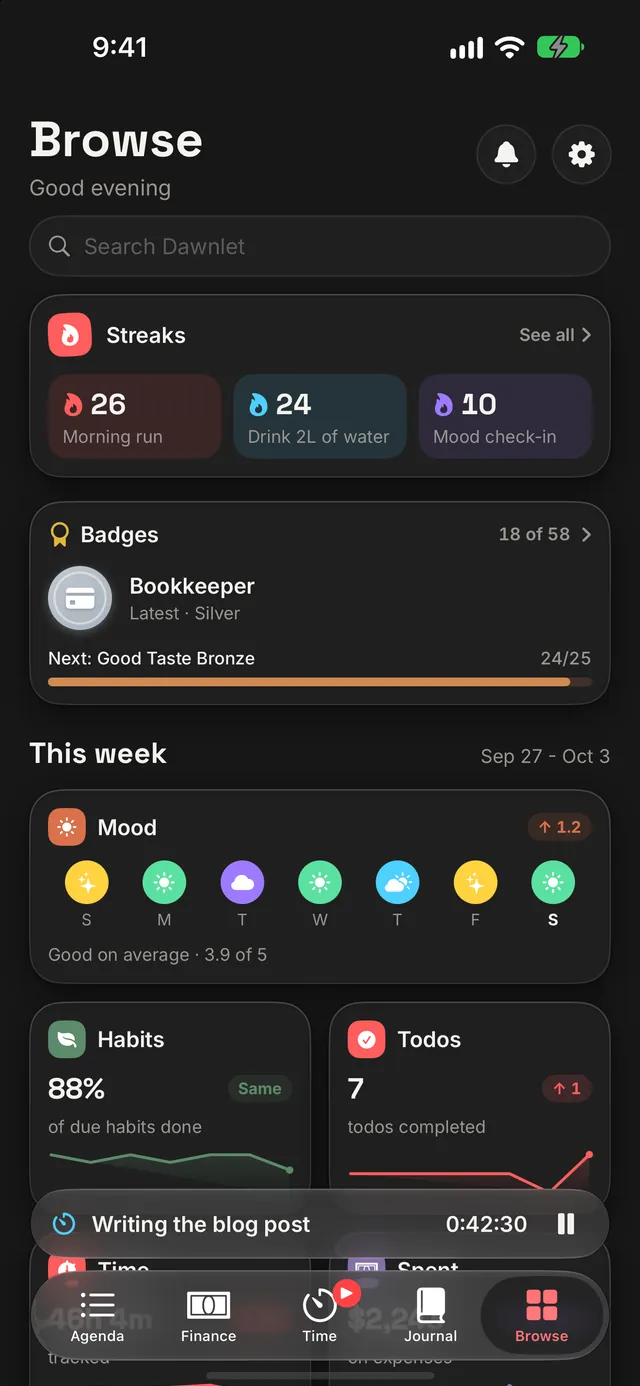 Browse: streaks, badges and this week's mood, habits and todos, each read from its own module.