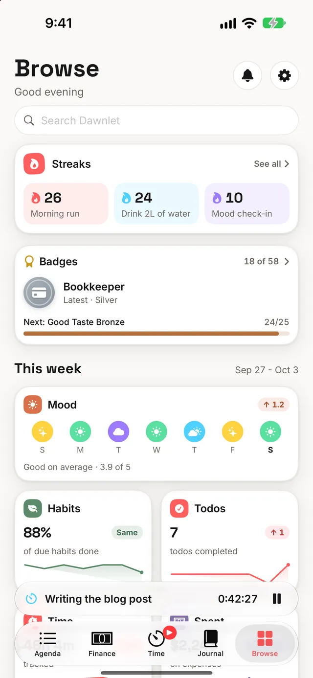 Browse: streaks, badges and this week's mood, habits and todos, each read from its own module.