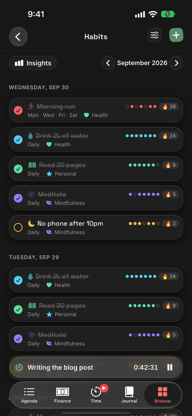 Habits for September, day by day: each habit with its week of dots and its streak count.
