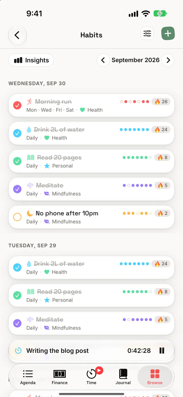Habits for September, day by day: each habit with its week of dots and its streak count.