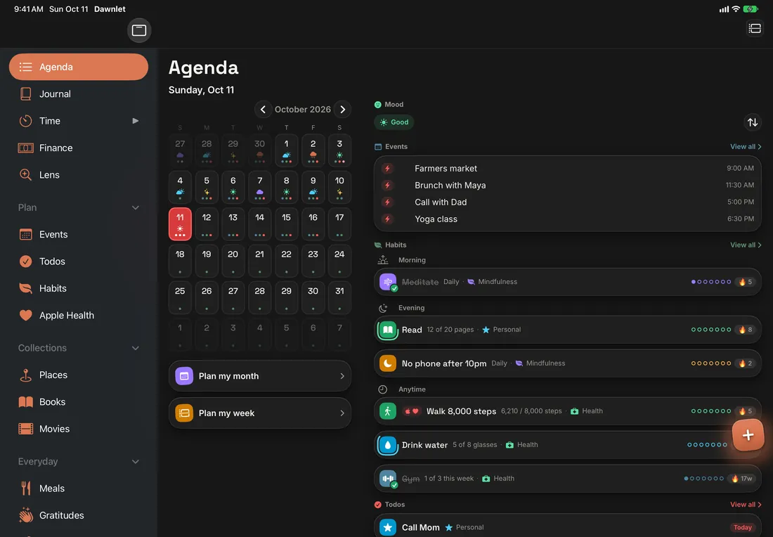 Agenda on iPad in landscape: the sidebar of modules, October's month grid, and the day's events, habits and todos side by side.