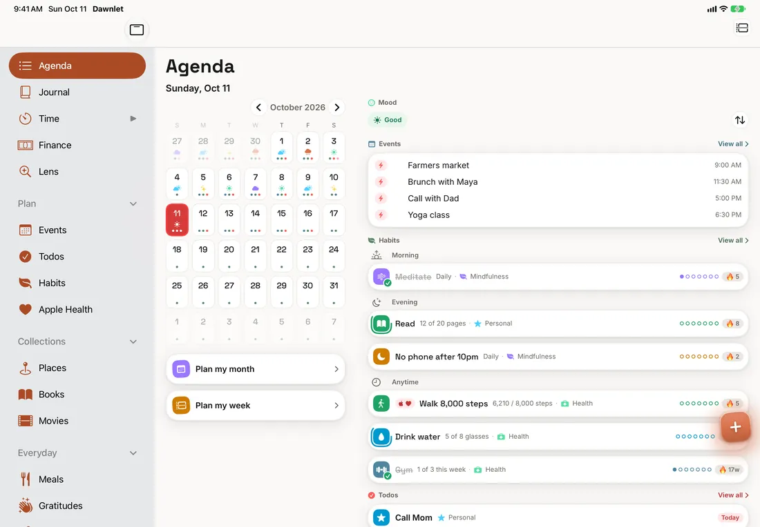 Agenda on iPad in landscape: the sidebar of modules, October's month grid, and the day's events, habits and todos side by side.