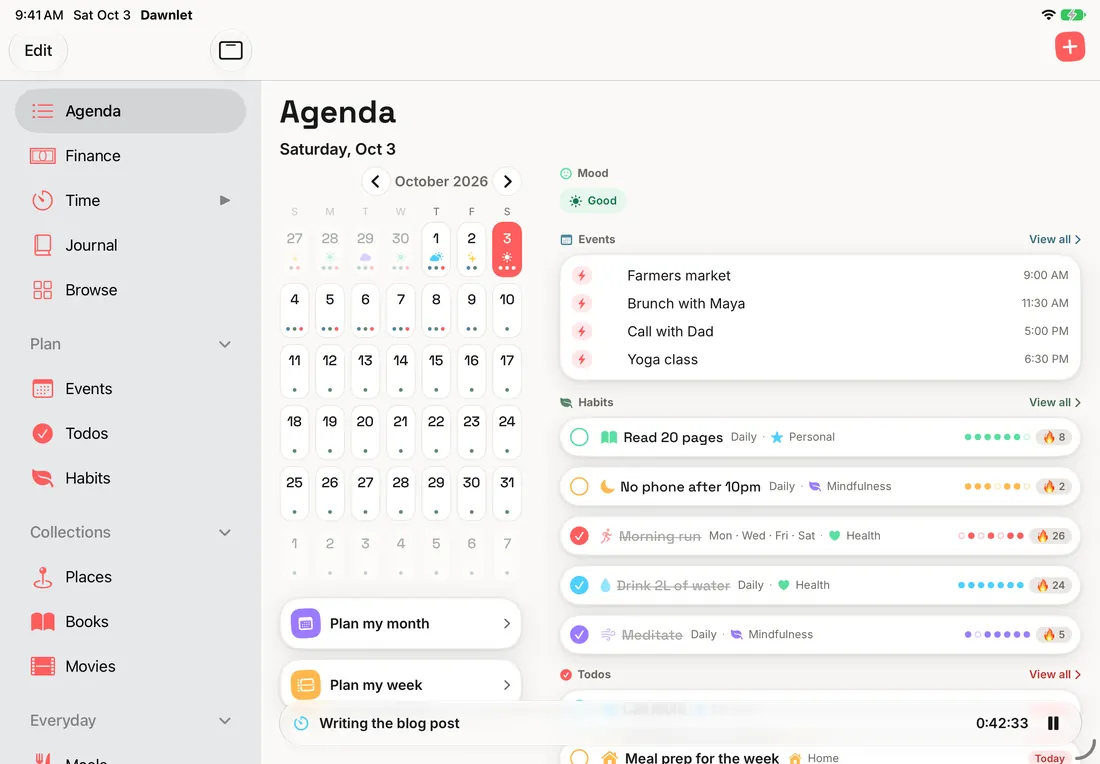 Dawnlet on iPad in landscape: the sidebar of modules, the month grid and one day's events, habits and todos side by side.
