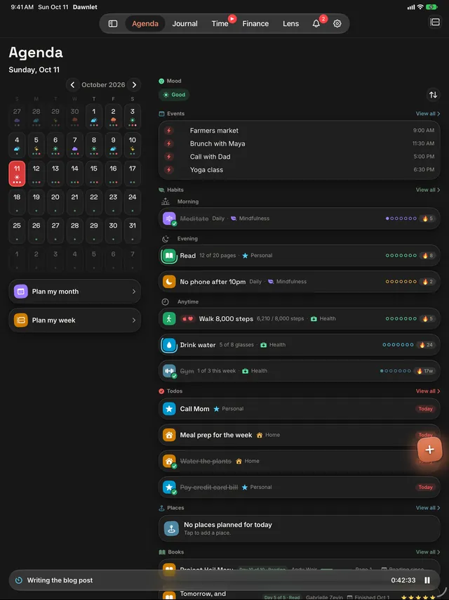 Agenda on iPad in portrait: October's month grid on the left, the day's mood, events, habits and todos on the right.