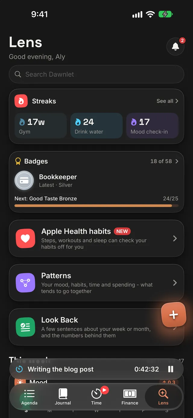 Lens: running streaks (Gym 17 weeks, Drink water 24 days, Mood check-in 17 days), the latest badge, Apple Health habits, Patterns and Look Back.