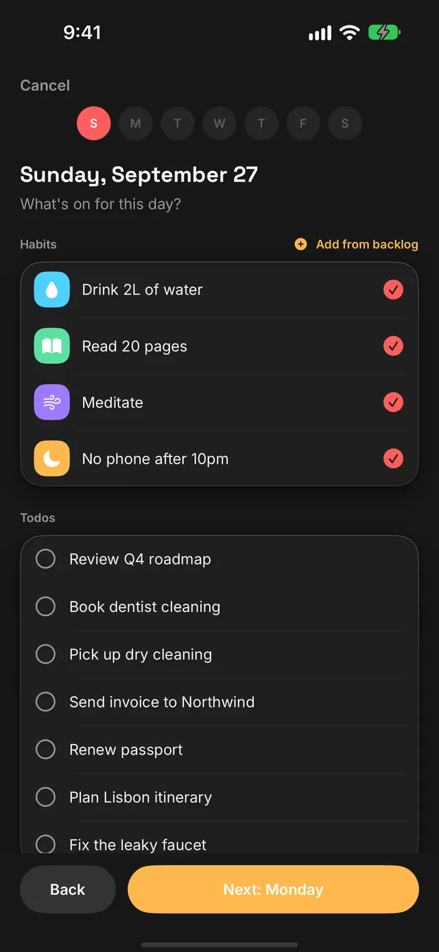 Plan My Week on Sunday, September 27: habits to plan for the day and a list of open todos.