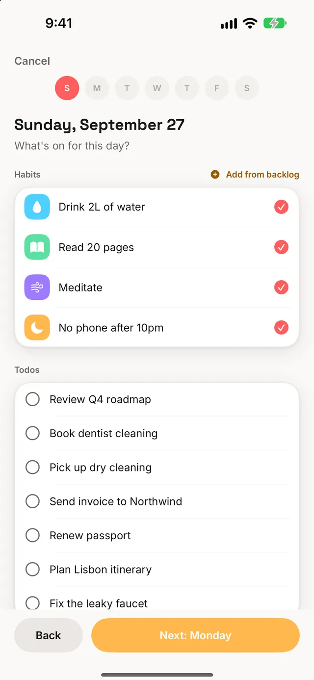 Plan My Week on Sunday, September 27: habits to plan for the day and a list of open todos.