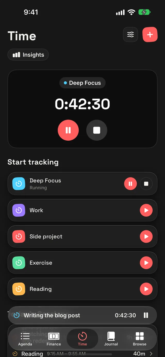 Time: the Deep Focus timer running at 0:42:31 with pause and stop, and the activities to start below.