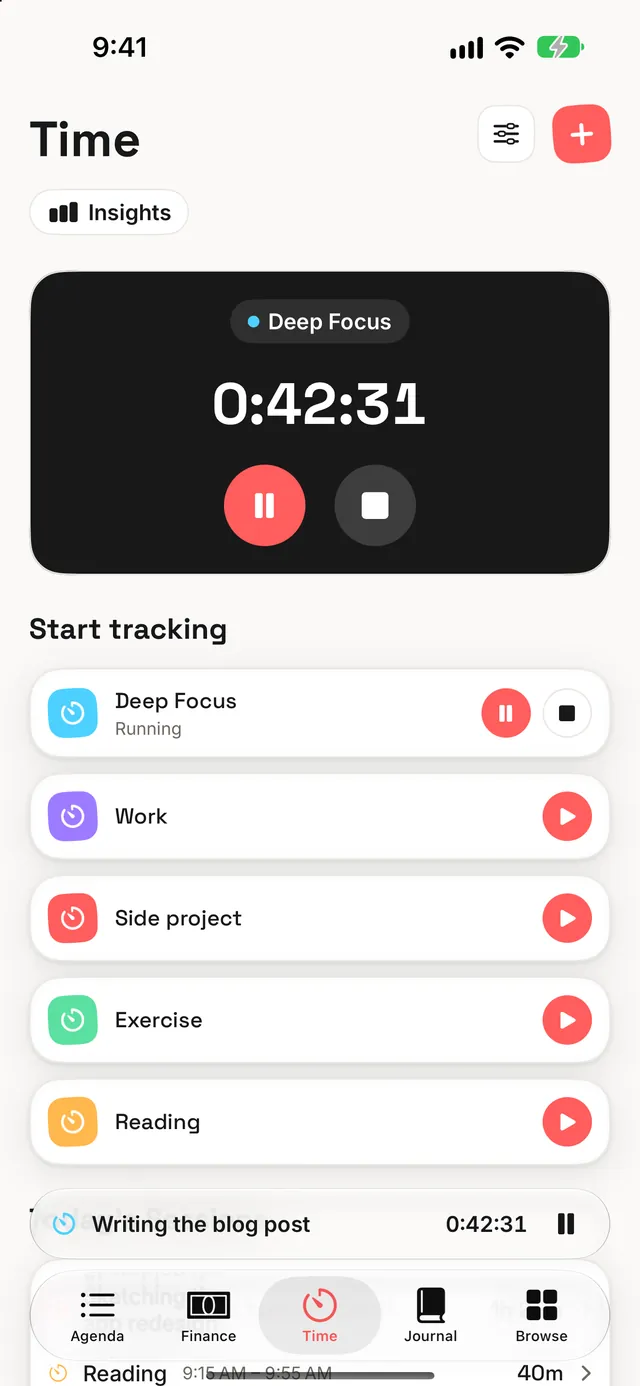 Time: the Deep Focus timer running at 0:42:31 with pause and stop, and the activities to start below.