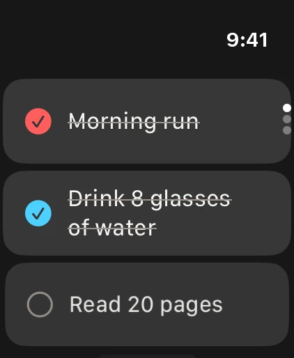 Habits on Apple Watch: Morning run and Drink 8 glasses of water checked off, Read 20 pages still open.