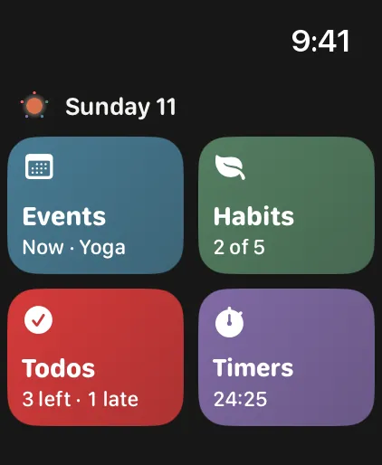 Dawnlet on Apple Watch: tiles for Events, Habits (2 of 5), Todos (3 left, 1 late) and Timers (24:25).