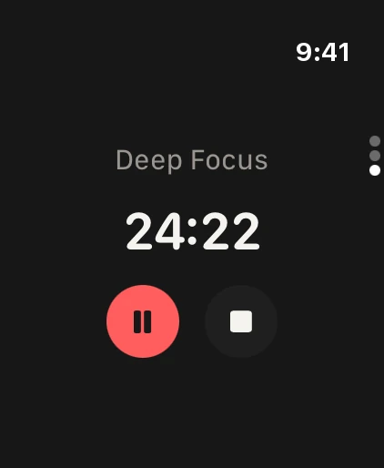 The Deep Focus timer running on Apple Watch at 24:22, with pause and stop buttons.