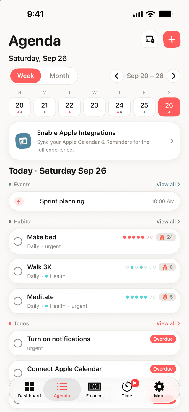Dawnlet's Agenda screen: a week grid above the selected day broken into per-module sections.