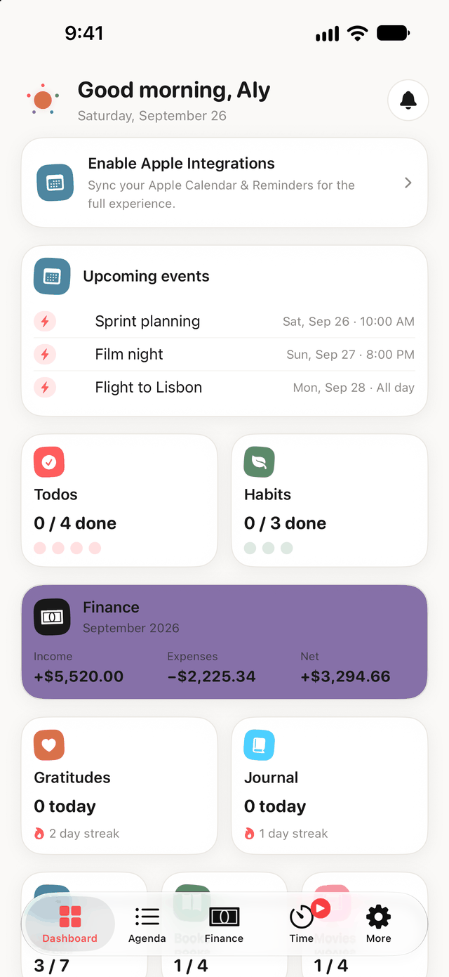 Dawnlet on iPhone, showing the Dashboard with module cards.