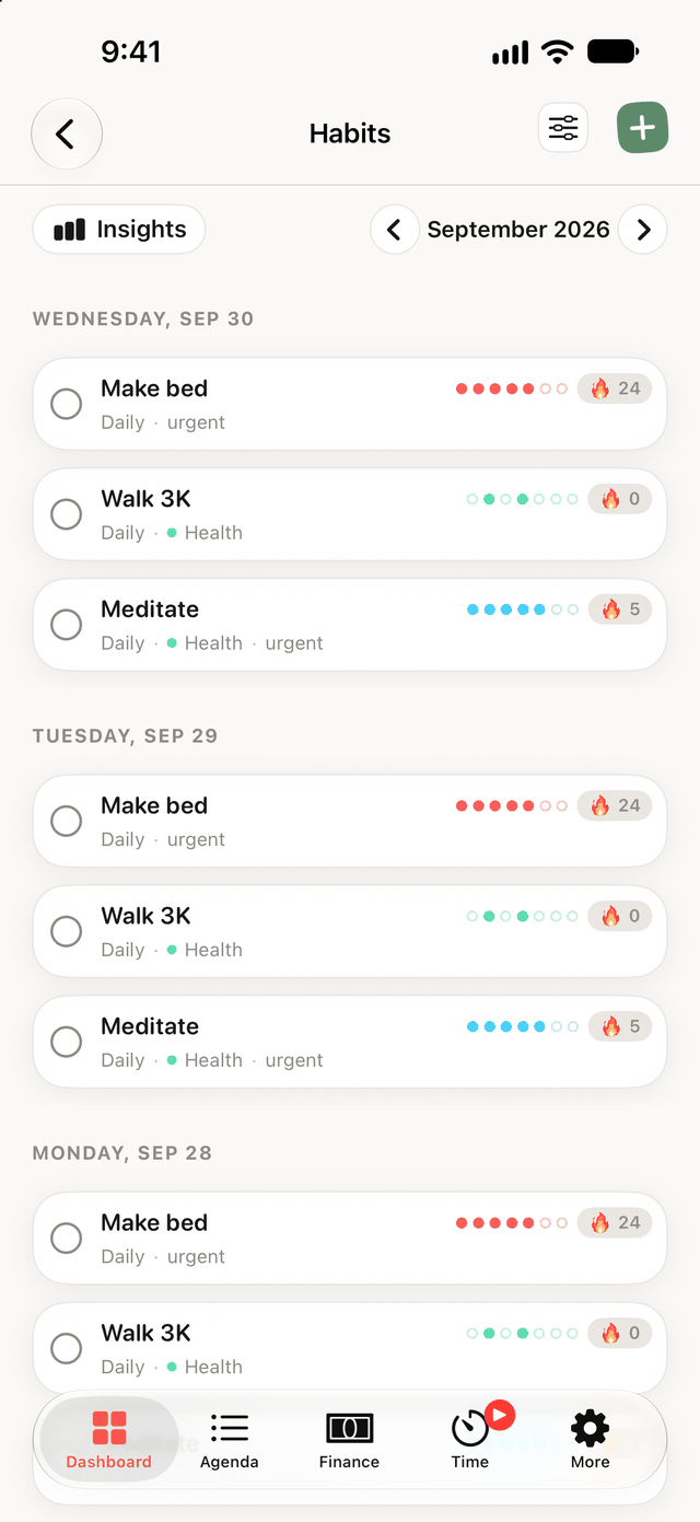 Dawnlet's Habits screen, showing habit rows with week strips and streak counts.