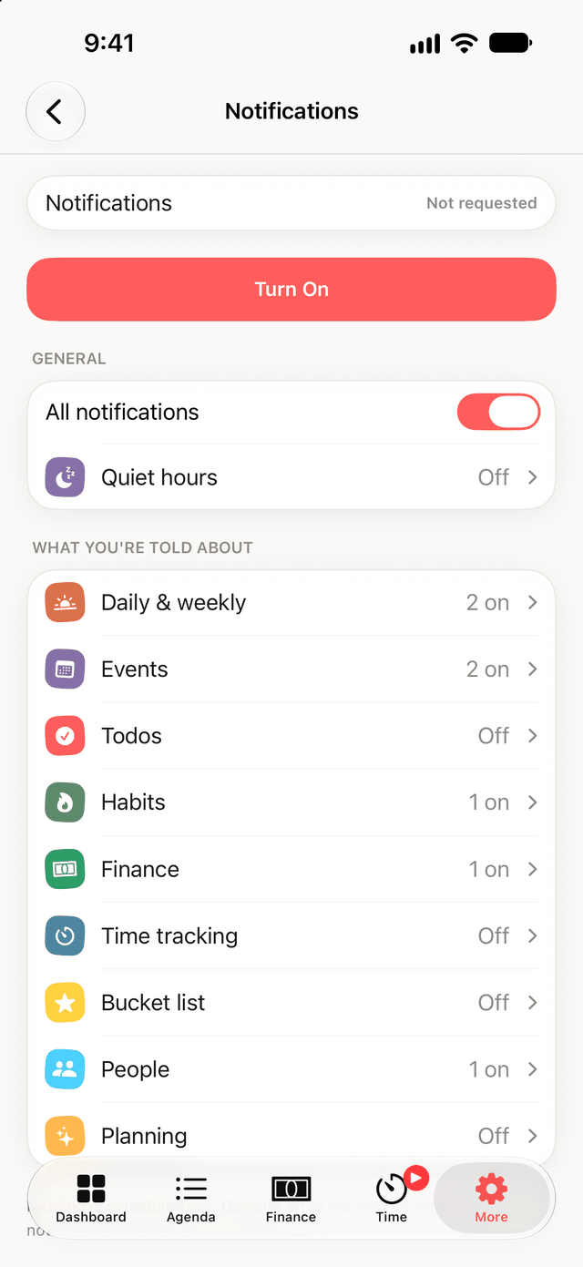 Dawnlet's notification settings hub, with per-module groups and per-kind toggles.