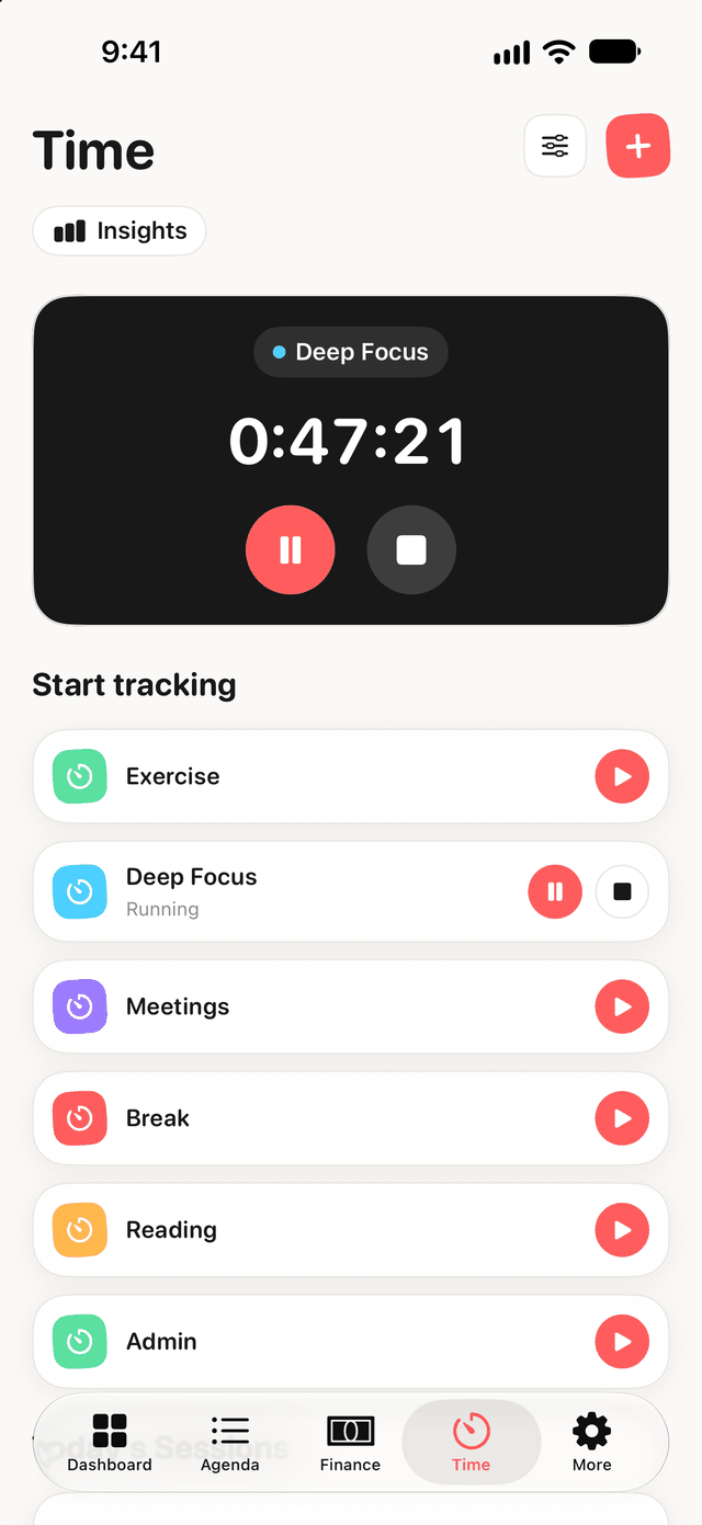 Dawnlet's Time tab: a live timer card, activities to start, today's sessions and a week chart.